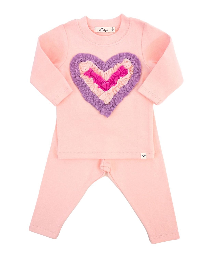 Oh Baby ! Girls' Multi Ruffle Heart Terry Applique Two Piece Set - Baby In Pink