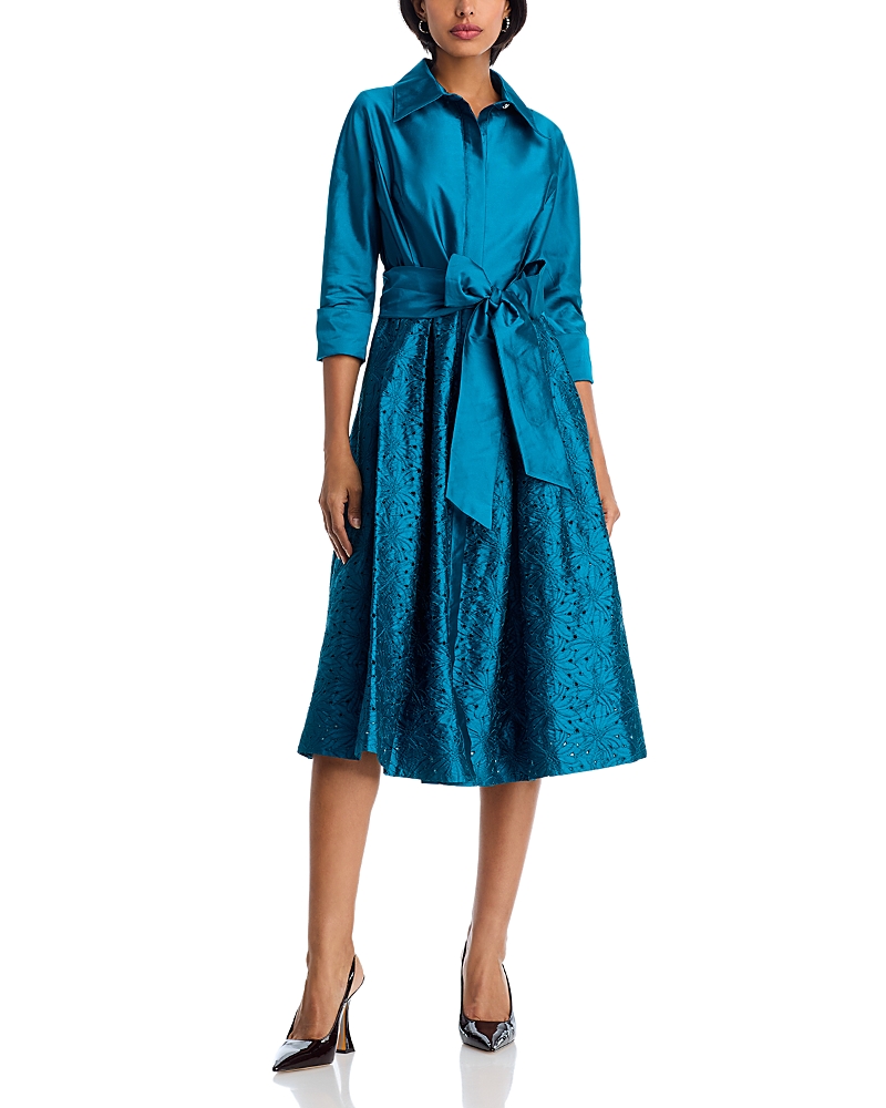 Teri Jon by Rickie Freeman Embroidered Sash Belt Shirt Dress