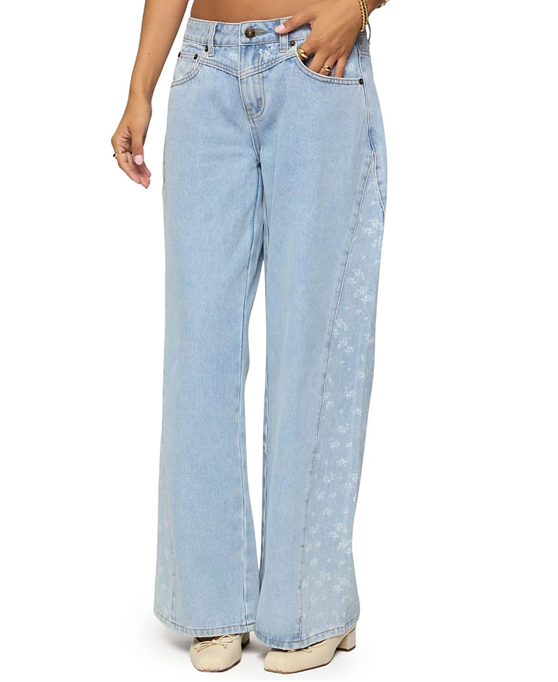 Edikted Floral Panel Low Rise Wide Leg Jeans In Blue