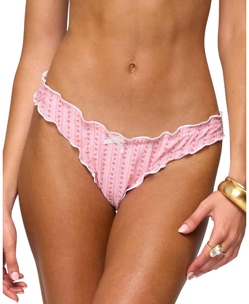 Edikted Pip Striped Ruffle Edge Bikini Bottom In Pink