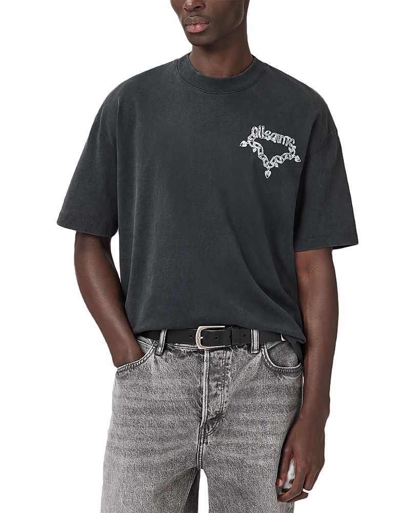 Allsaints Mens Washed Black Oversized Graphic-print Cotton T-shirt Xl In Black
