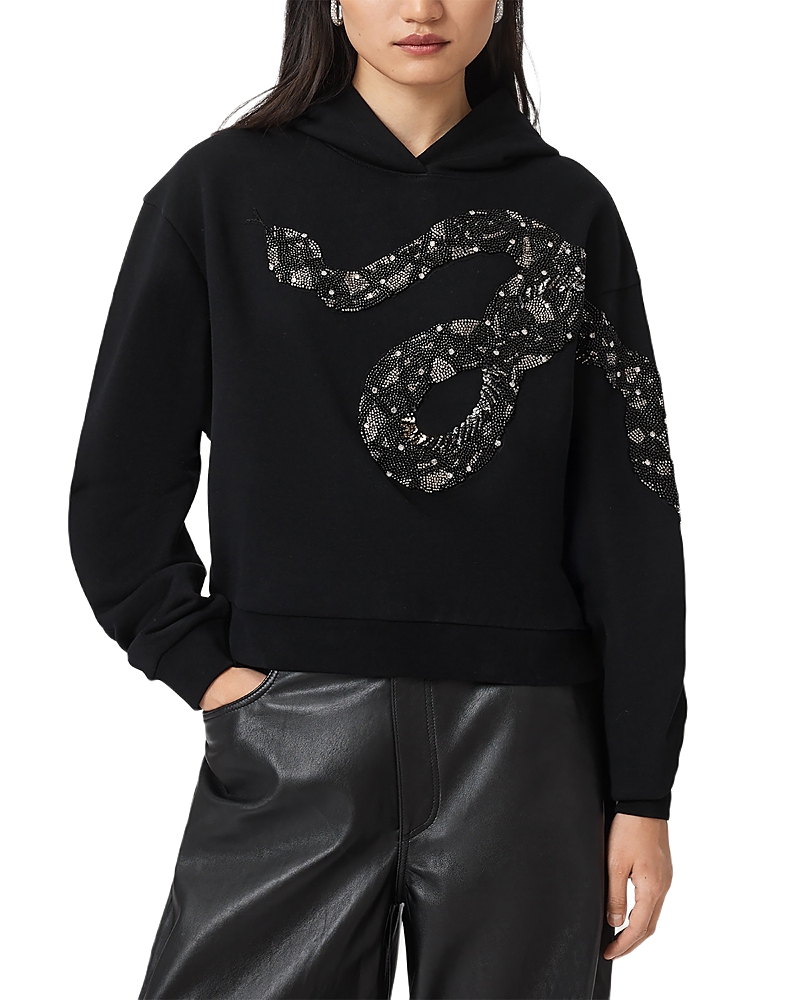 Allsaints Womens Black Alenka Pippa Snake-embellished Regular-fit Cotton Hoody In Black