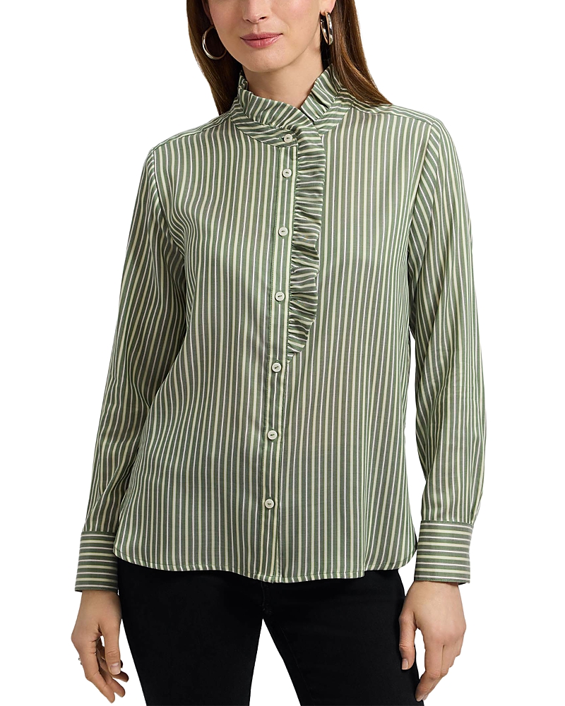 Foxcroft Sadie Stripe Ruffle Button-up Shirt In Green