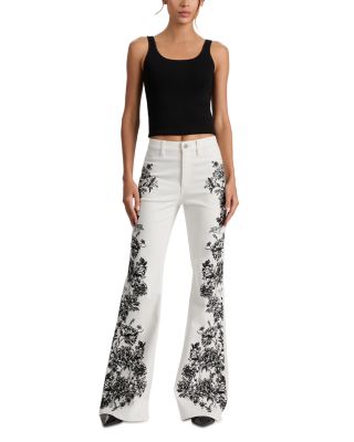 High Rise Embroidered Wide Leg Jeans in Off White Black