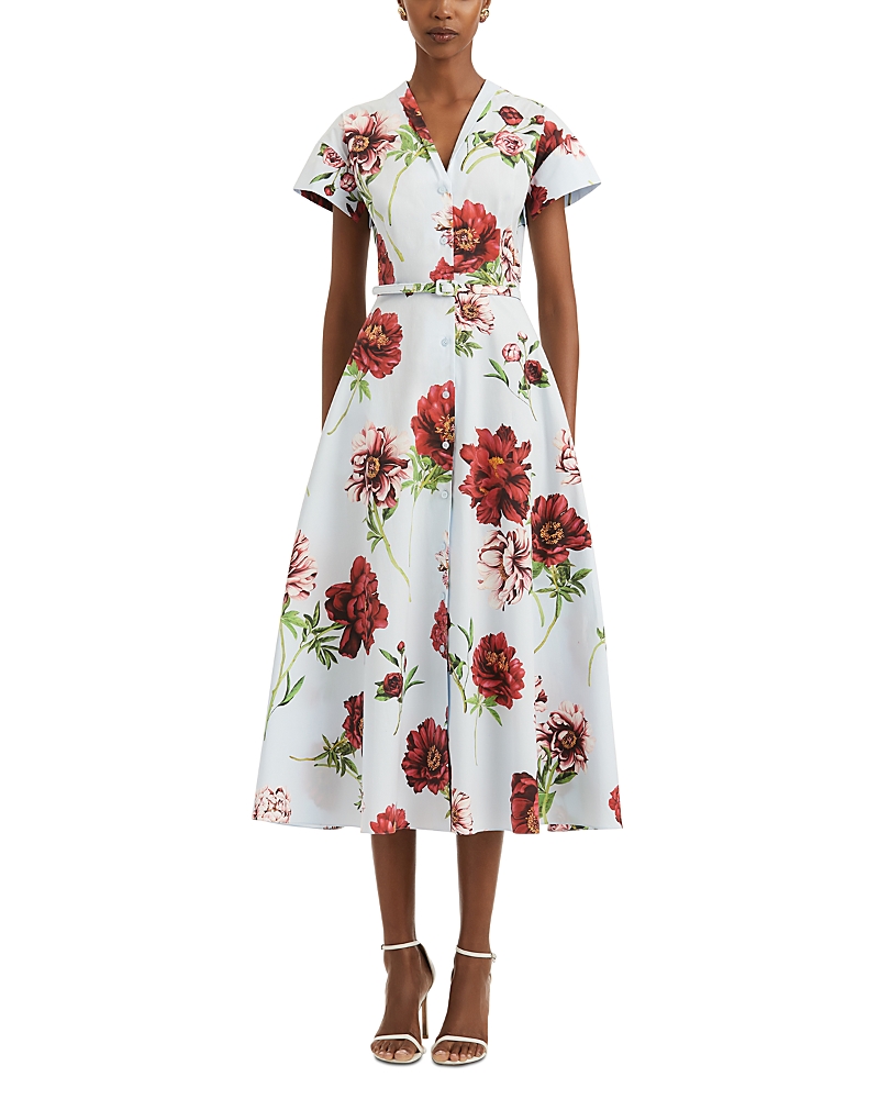 Oscar de la Renta Peony Print Belted Button Front Dress