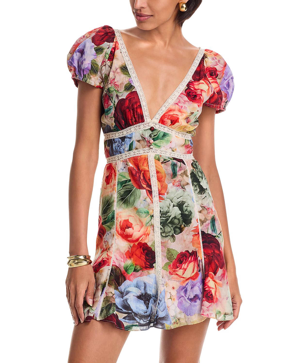 Alice and Olivia Lara Deep V Neck Lace Trim Mini Dress
