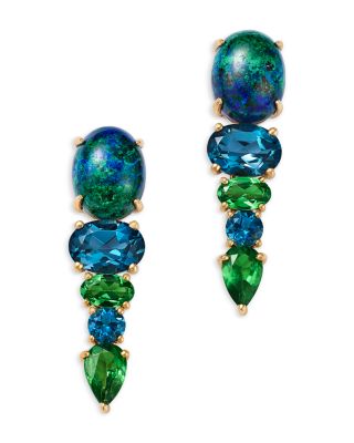 London Blue Topaz, Tsavorite & Azurite Multi-Gemstone Drop Earrings in 14K Yellow Gold