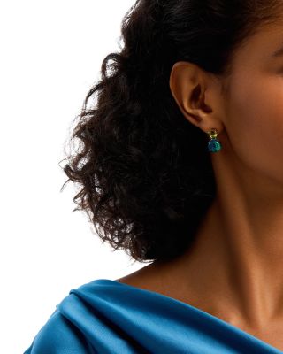 Blue Topaz, Peridot & Azurite East West Oval Drop Earrings in 14K Yellow Gold