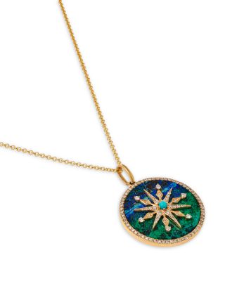 Azurite, Turquoise & Diamond Medallion Pendant Necklace in 14K Yellow Gold, 16-18"
