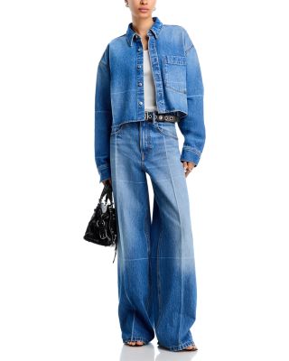 Cropped Denim Button Down Jacket & Faded Straight Leg Jeans