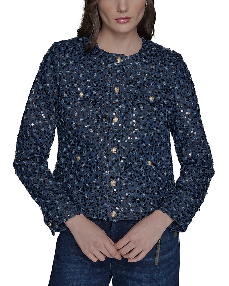 Karl Lagerfeld Collarless Sequin Jacket In Blue