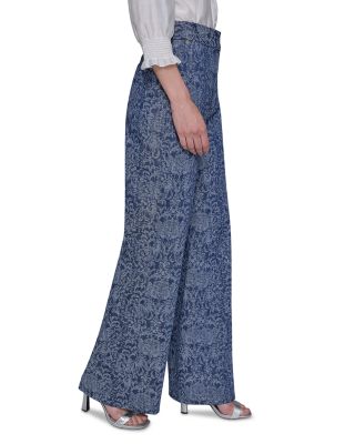 Jacquard Motif High Rise Jeans in Medium Blue