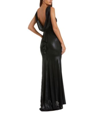  Metallic Cowl Back Column Gown