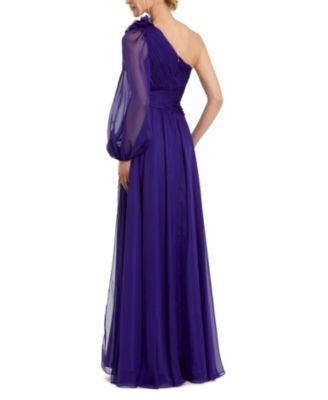 One Sleeve Ruched Chiffon Gown with 3D Flower