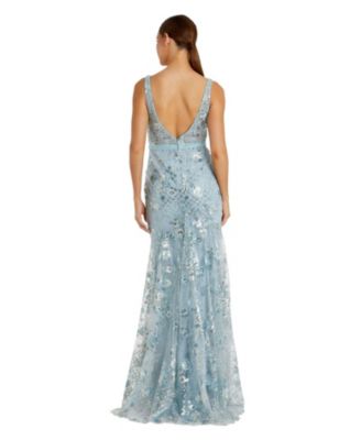 Floral Embellished Sleeveless Plunge Neck Gown