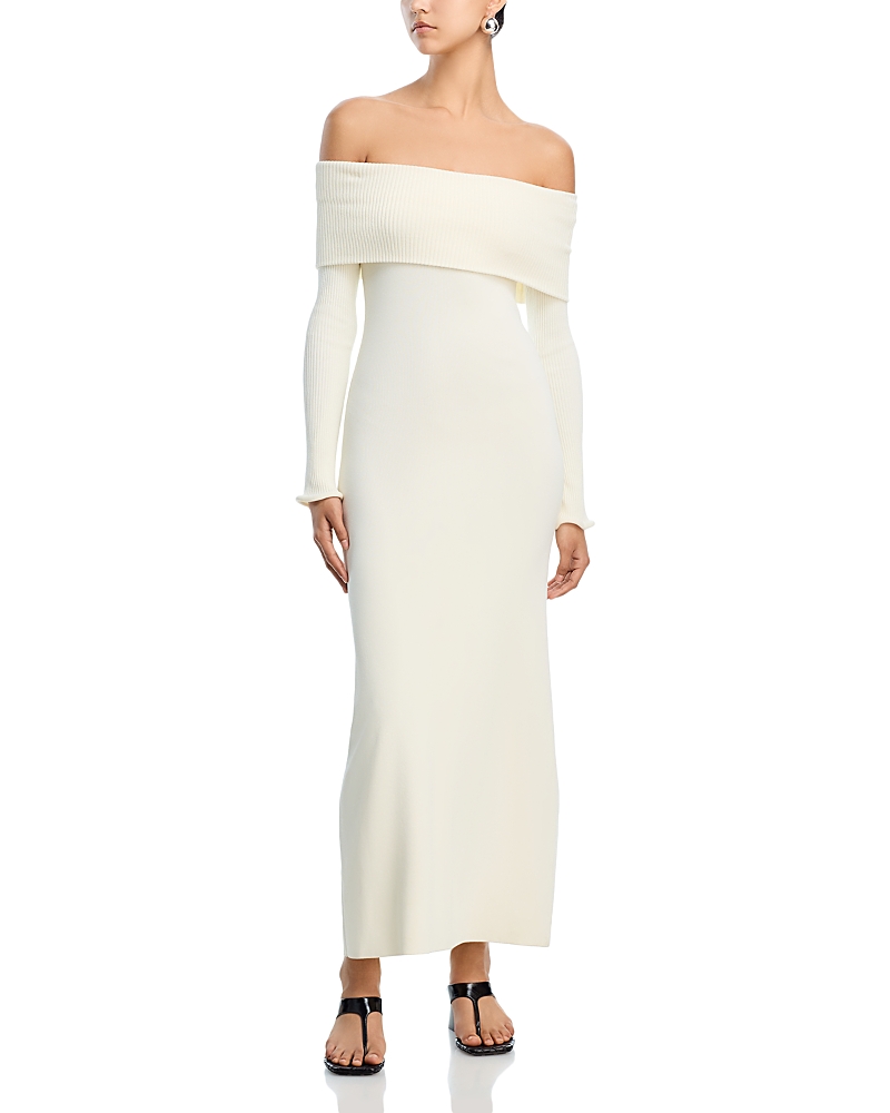 Solid & Striped The Sabrina Off The Shoulder Long Sleeve Sweater Dress In Neutral
