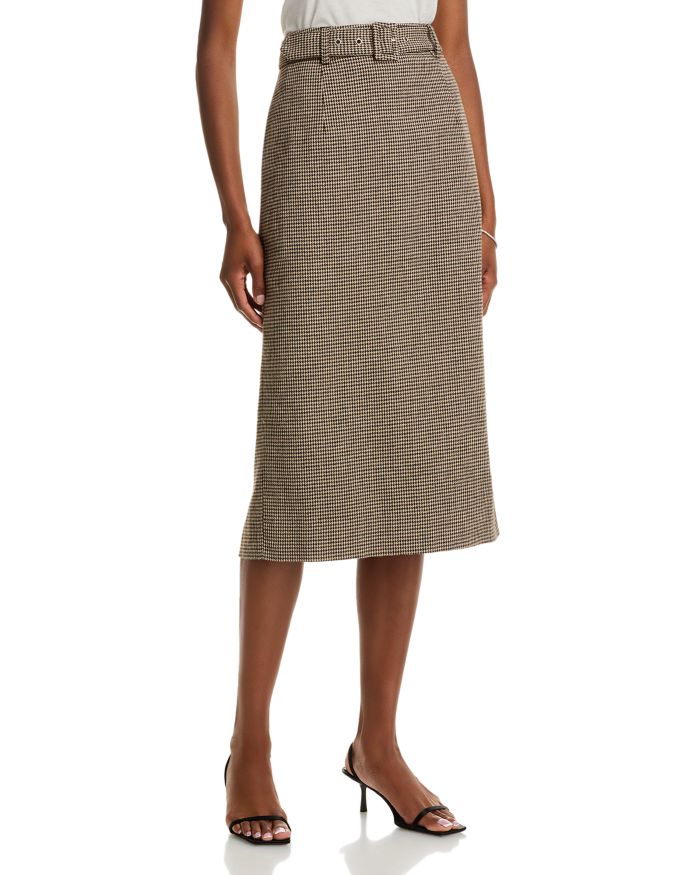 Houndstooth Belted Midi Skirt