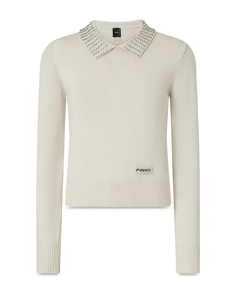 Pinko Sweater With Collar And Rhinestones In White