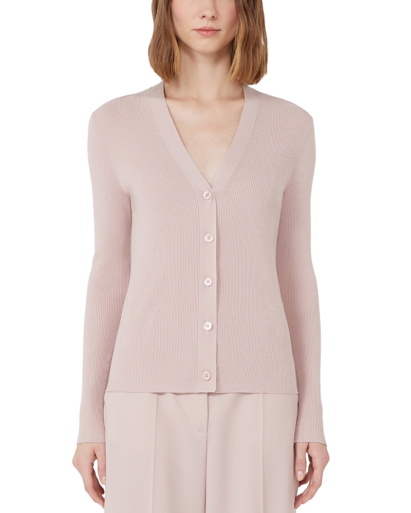 Weekend Max Mara V-neckline Ribbed Stretch Viscose Cardigan In Pink