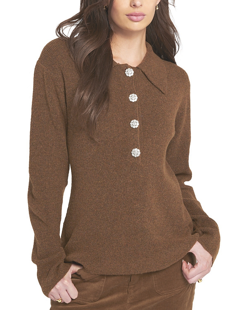 Elle Collection Fuzzy Knit Jumper Henley Sweater In Brown