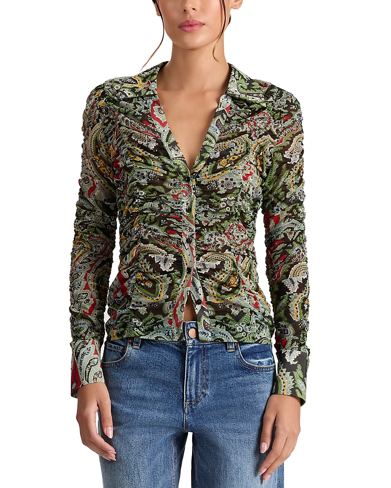 Alice And Olivia Portia Ruched Mesh Button Down Paisley Poem In Green