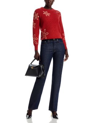 Long Sleeve Crewneck Sweater with Floral Embroidery