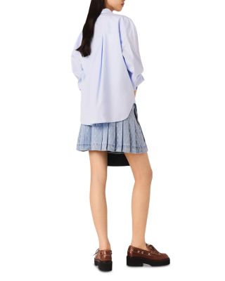 Short Pleated Denim Skirt with Rhinestones