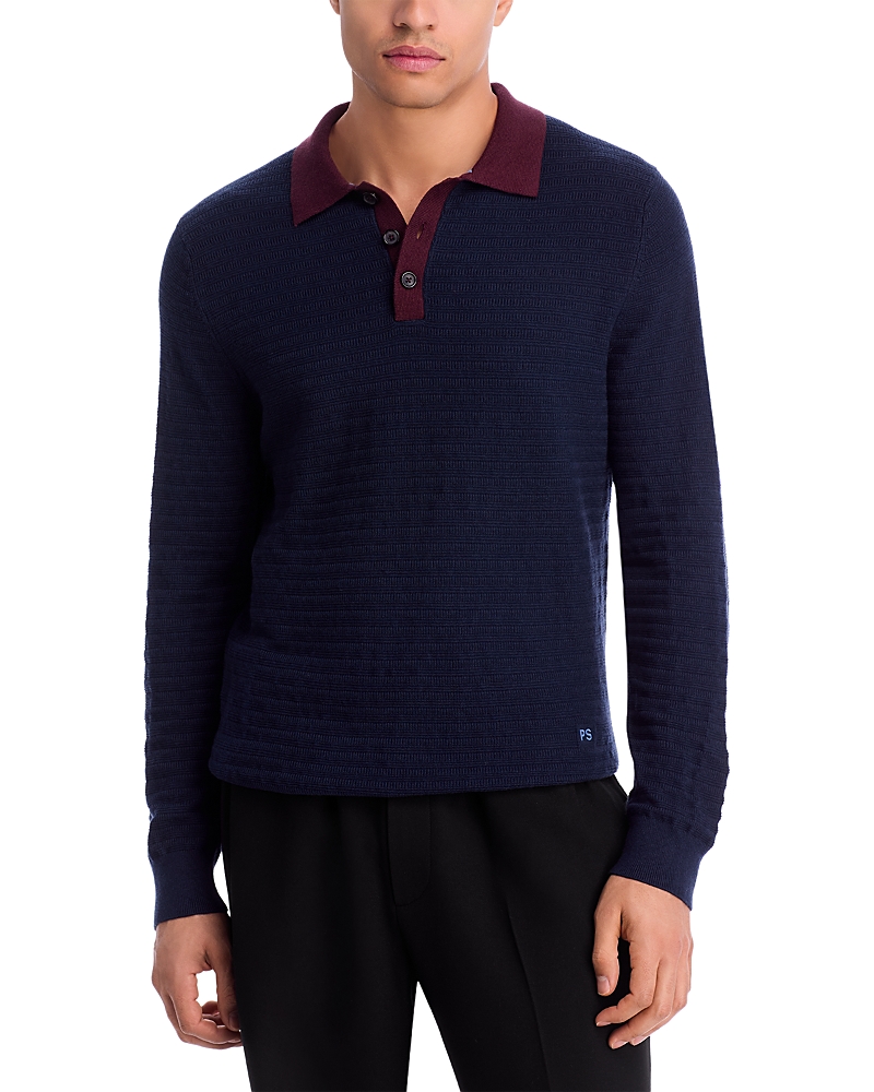Ps By Paul Smith S By Paul Smith Mens Embroidered-logo Long-sleeve Cotton-wool Blend Polo Sweater Blue In Blue