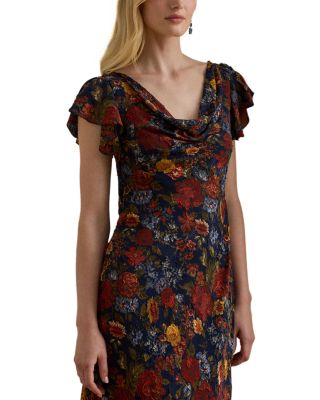 Floral Clipped Jacquard Cowlneck Gown
