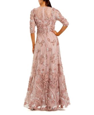  3/4 Sleeve High Neck Embroidered A-Line Gown