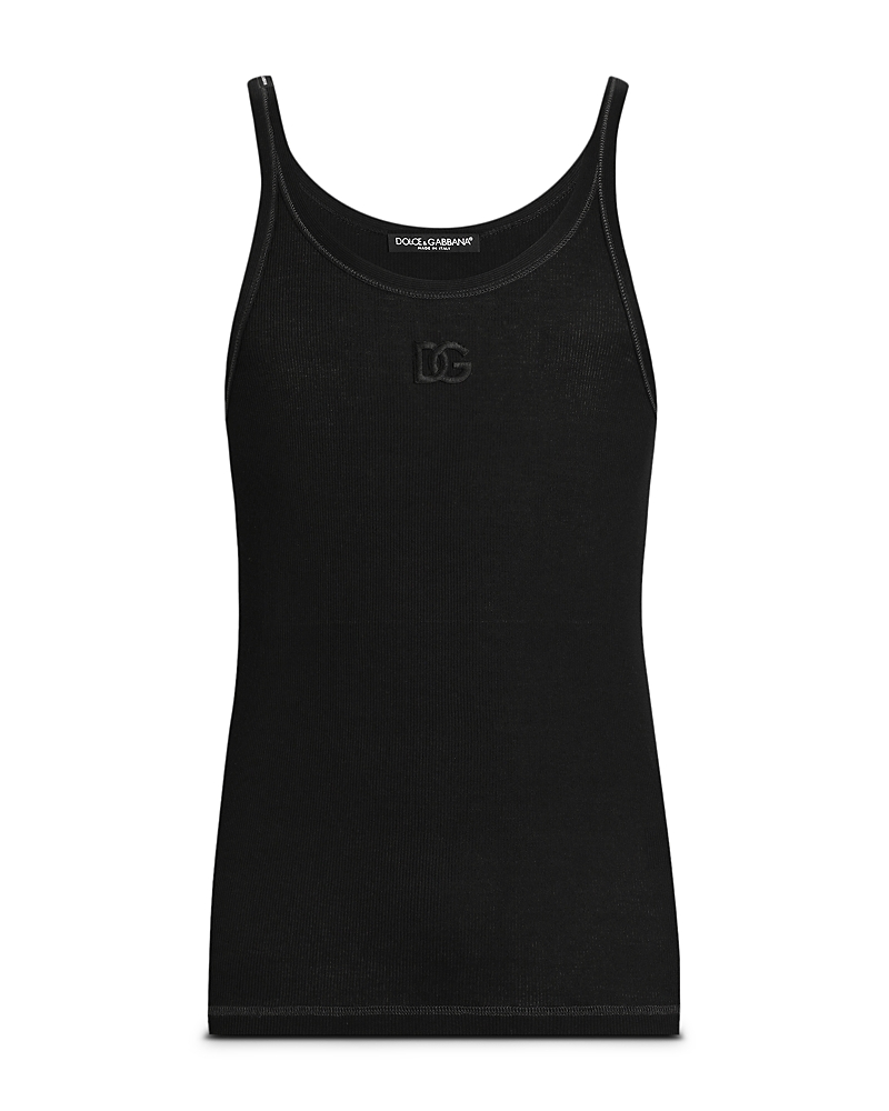 Dolce & Gabbana Black Sleeveless Top With Logo Embroidery On The Front And Ribbed Knit In Cotton Man In Black
