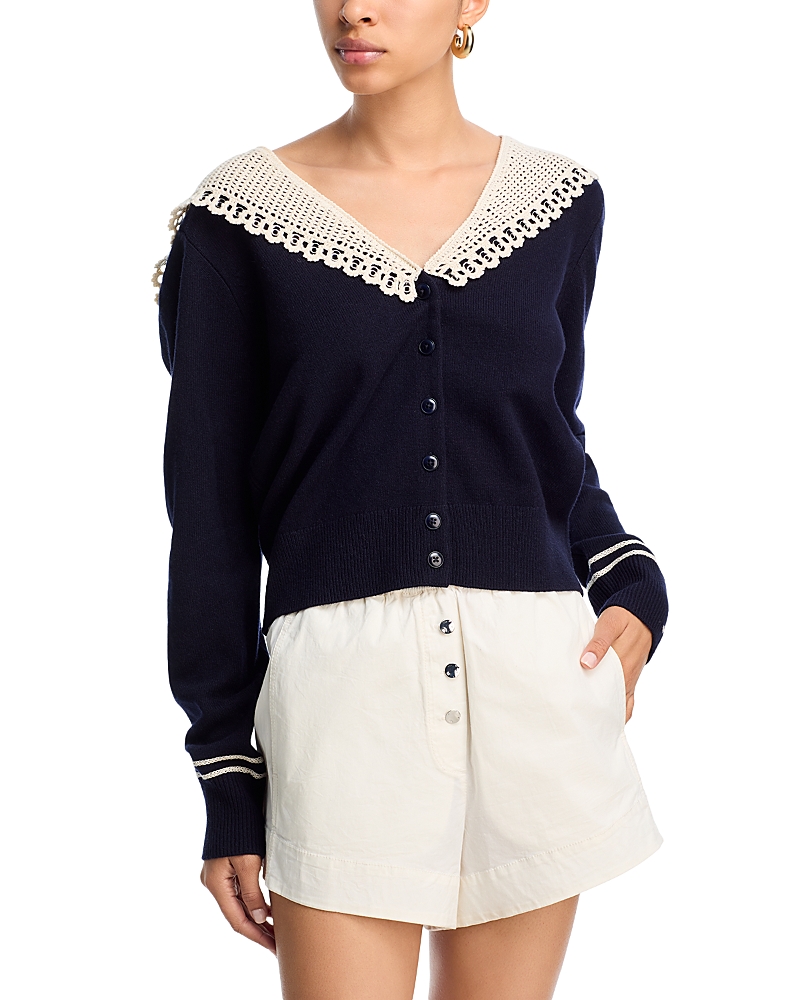 Sea Marie Crocheted Cotton-trimmed Merino Wool Cardigan In Blue