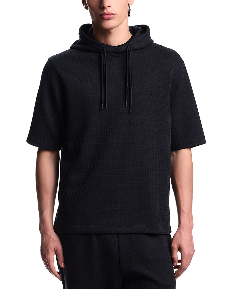 Emporio Armani Short Sleeved Hooded Woven Effect Jacquard Sweatshirt In Black