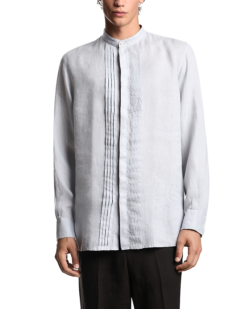 Emporio Armani Garment Dyed Linen Guru Collar Regular Fit Button Down Shirt In Gray