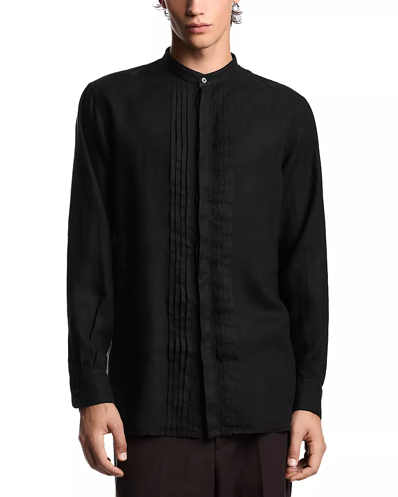 Emporio Armani Garment Dyed Linen Guru Collar Regular Fit Button Down Shirt