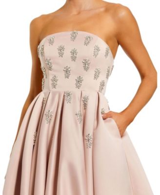 Crystal Embellished Strapless Satin A-Line Dress