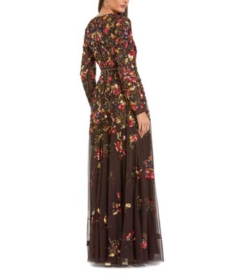  Long Sleeve Floral Embellished Evening Gown