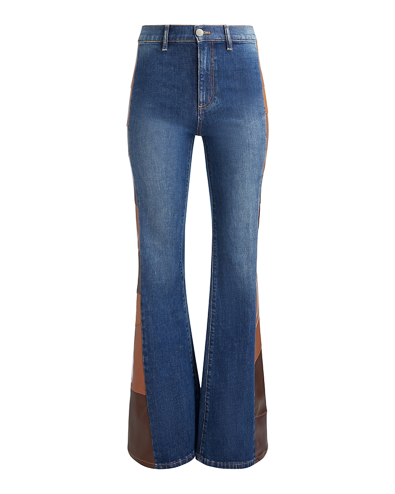 Alice And Olivia High Rise Faux Leather Patchwork Flare Jeans In Darby Vintage Blue In Blue