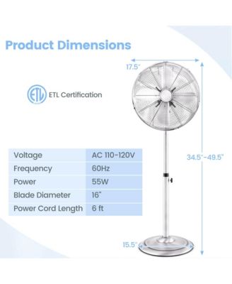 16" Standing Pedestal Fan with 3 Speed Settings Carrying Handle Aluminum Blades