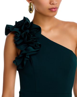 One Shoulder Ruffle Crepe Gown - Exclusive