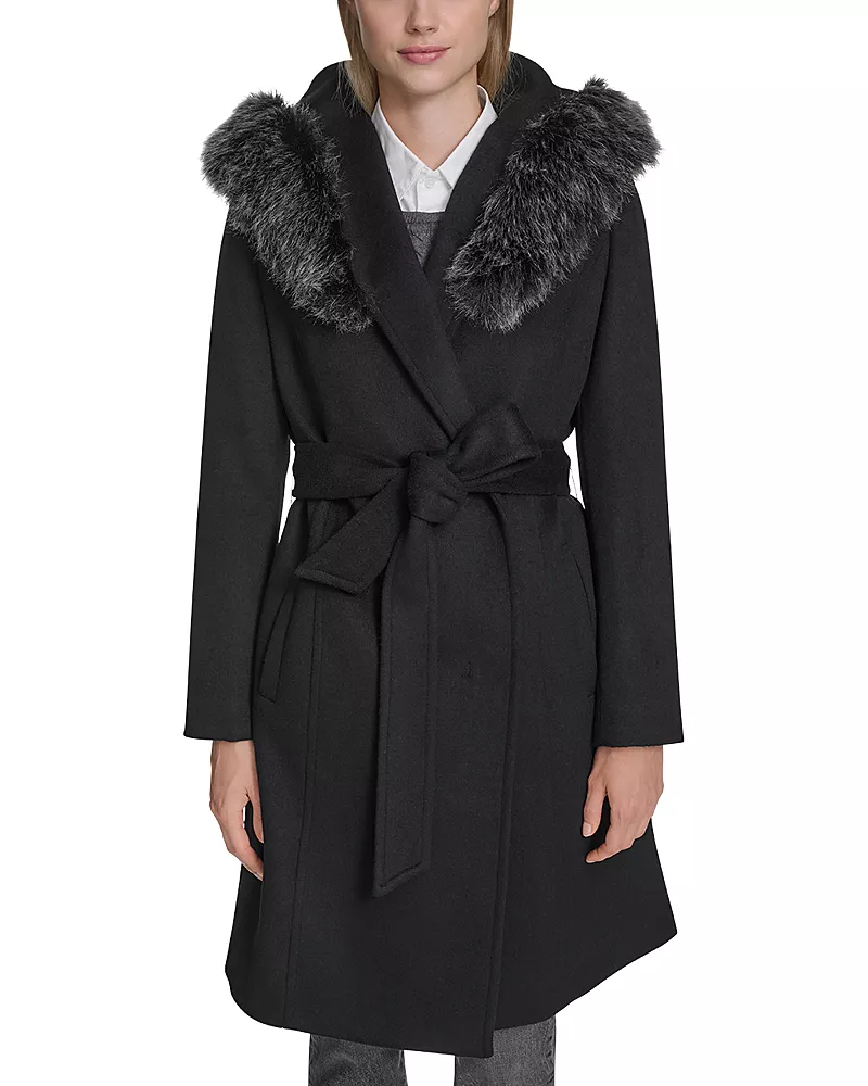 Cole Haan Single Breasted Faux Fur Hooded Coat