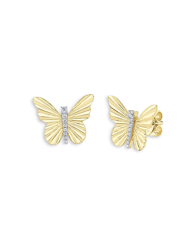Moon & Meadow Diamond Ribbed Butterfly Stud Earrings In 14k Yellow Gold, 0.05 Tcw In Gold