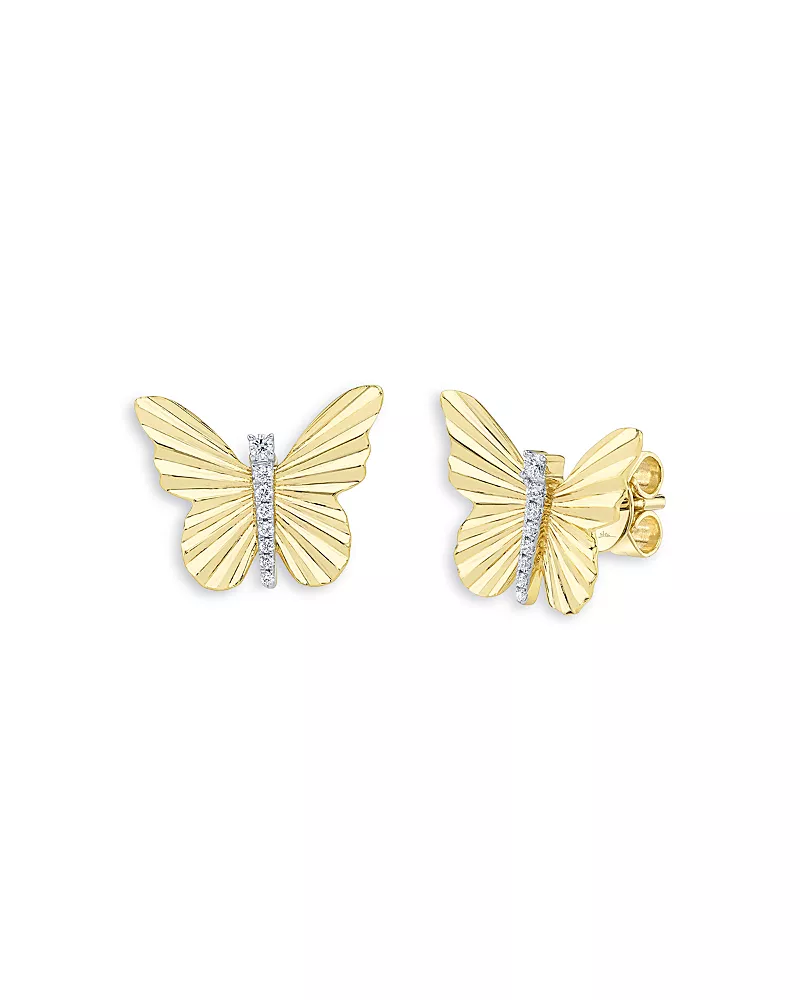 Moon & Meadow Diamond Ribbed Butterfly Stud Earrings in 14K Yellow Gold, 0.05 tcw