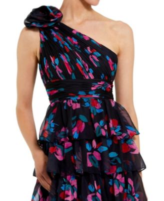 One Shoulder Printed Chiffon Tiered Ruffle Gown