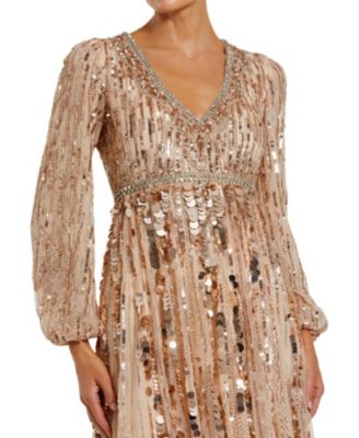 Embellished Mesh Long Sleeve V Neck Gown
