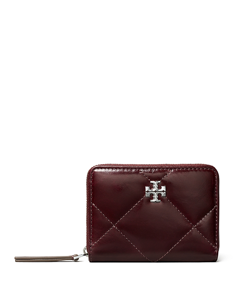 Tory Burch Small Kira Distressed Diamond Quilted Leather Zip Wallet In Brown