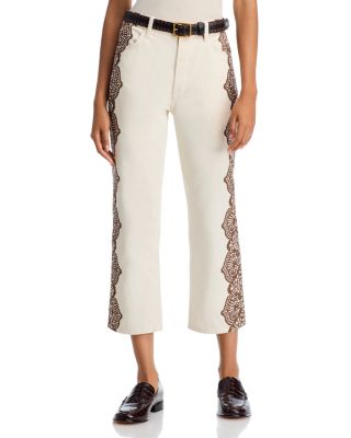 The Lace Print Wayn High Rise Cropped Jeans in Cream with Brown