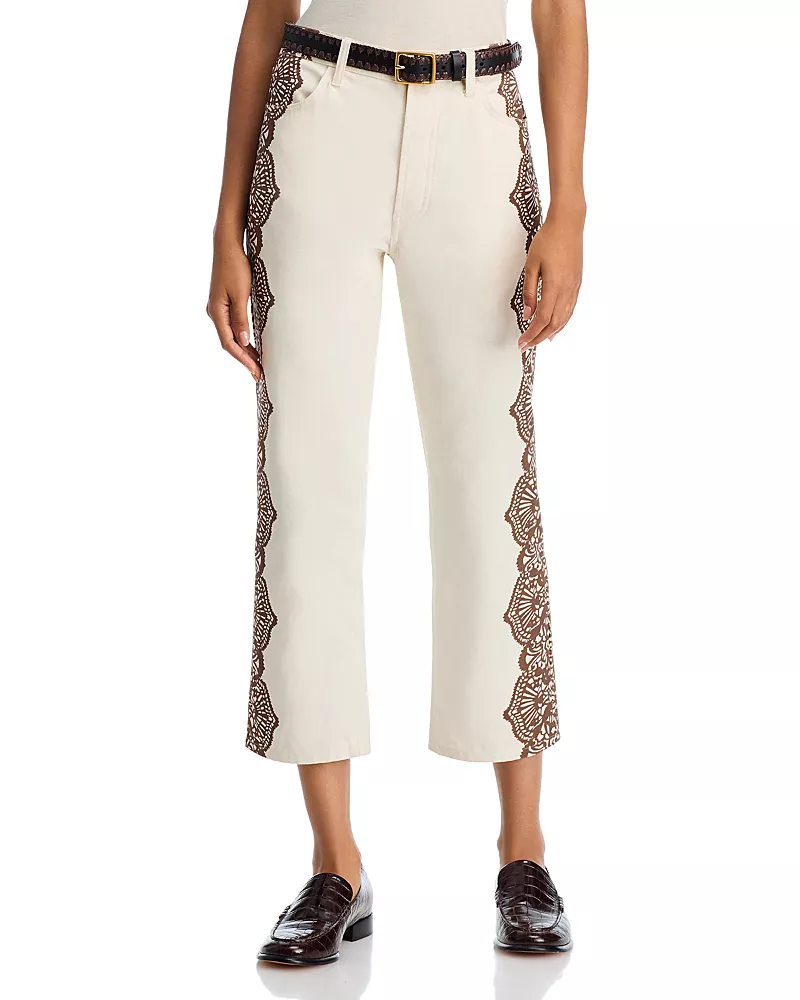 The Great. The Lace Print Wayn High Rise Cropped Jeans in Cream with Brown