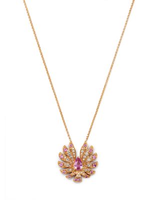 Pink Sapphire & Diamond Flying Bird Pendant Necklace in 14K Yellow Gold, 16-18"