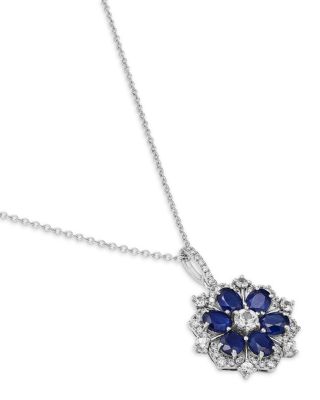 Sapphire & Diamond Flower Pendant Necklace in 14K White Gold, 18"